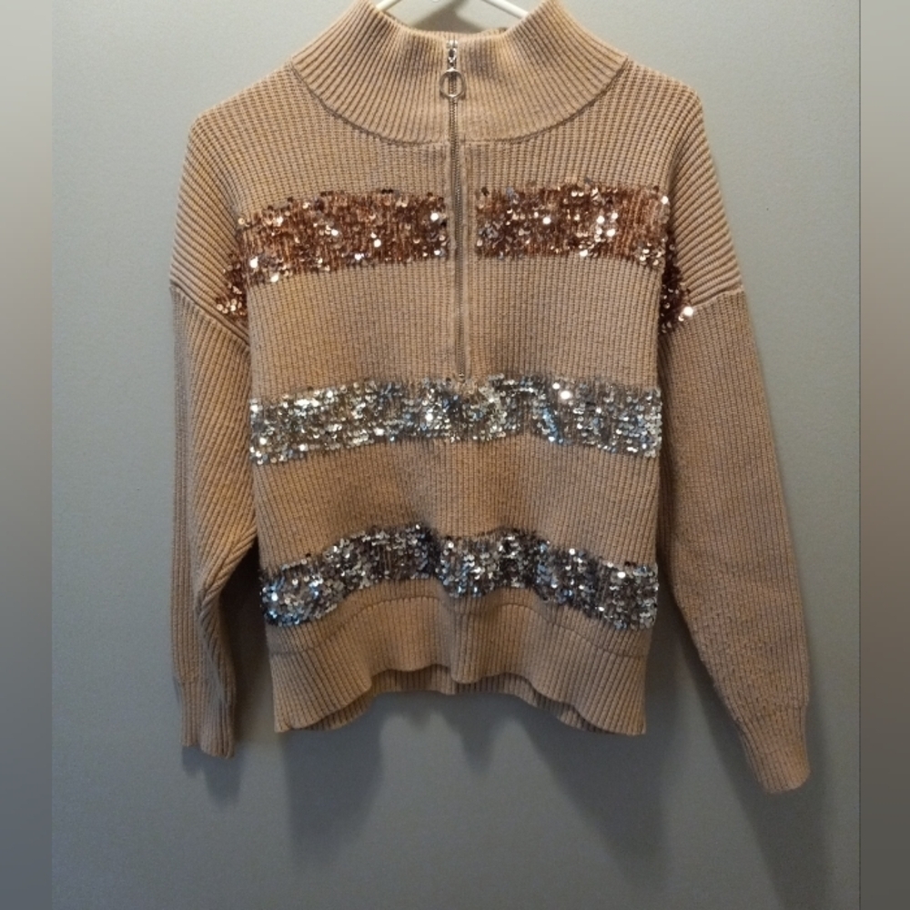 Womens Nine West Knit Sweater 1/2 Zip Beige Sequins Long Sleeve M